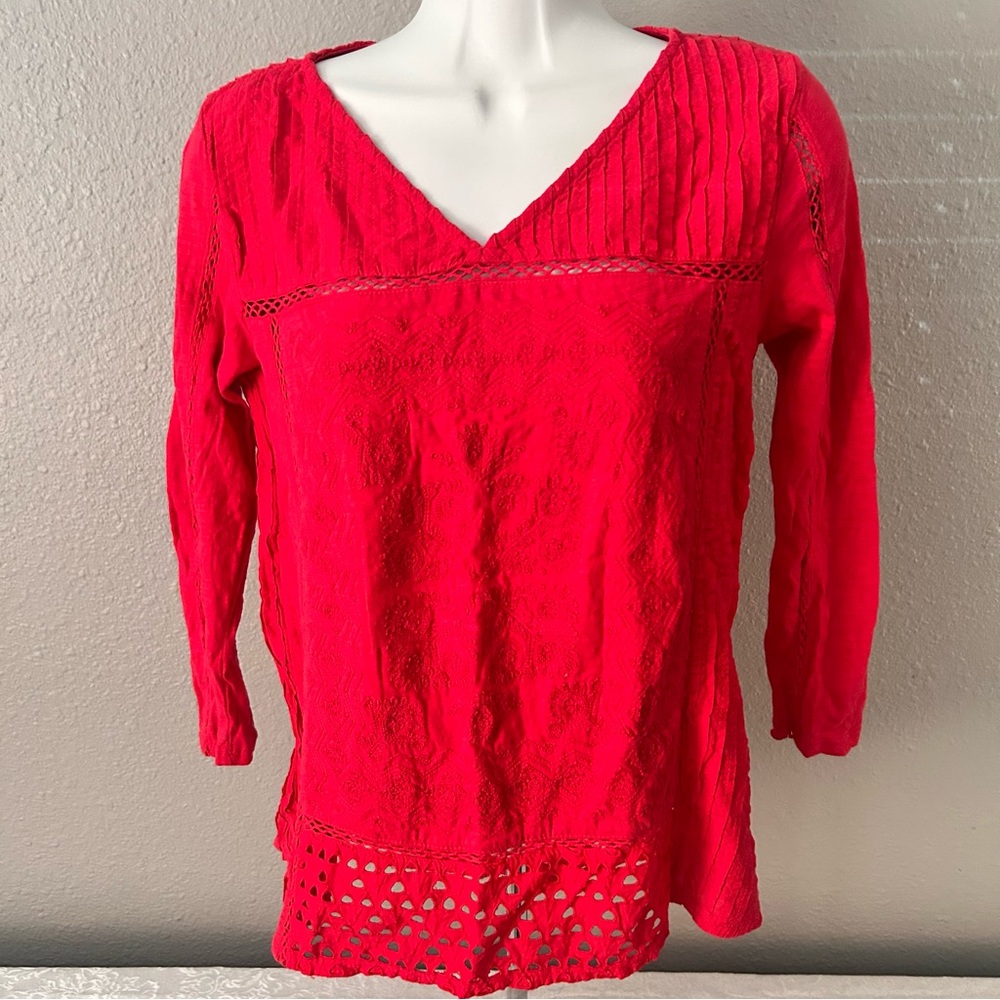 Lucky Brand Red Textured V-Neck Blouse Hot Pink embroidered Top XS
